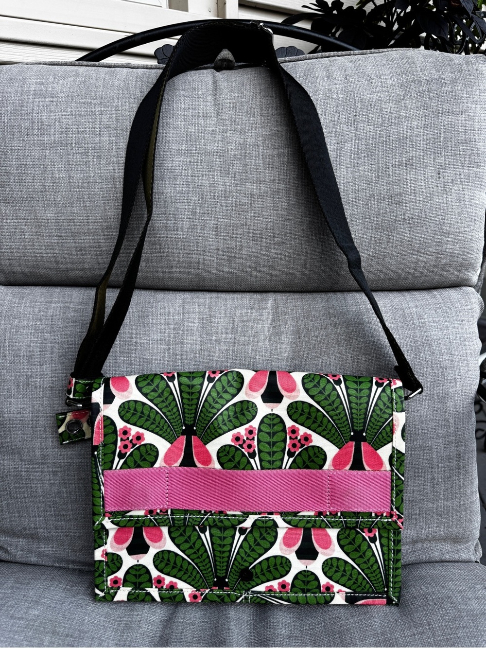Orla Kiely Printed Laminated Canvas Crossbody Messenger Flap Bag - Green & Pink